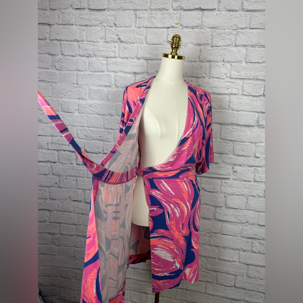 Lilly Pulitzer Pink, Coral & Blue Abstract Print Wrap Dress - Picture 6 of 8